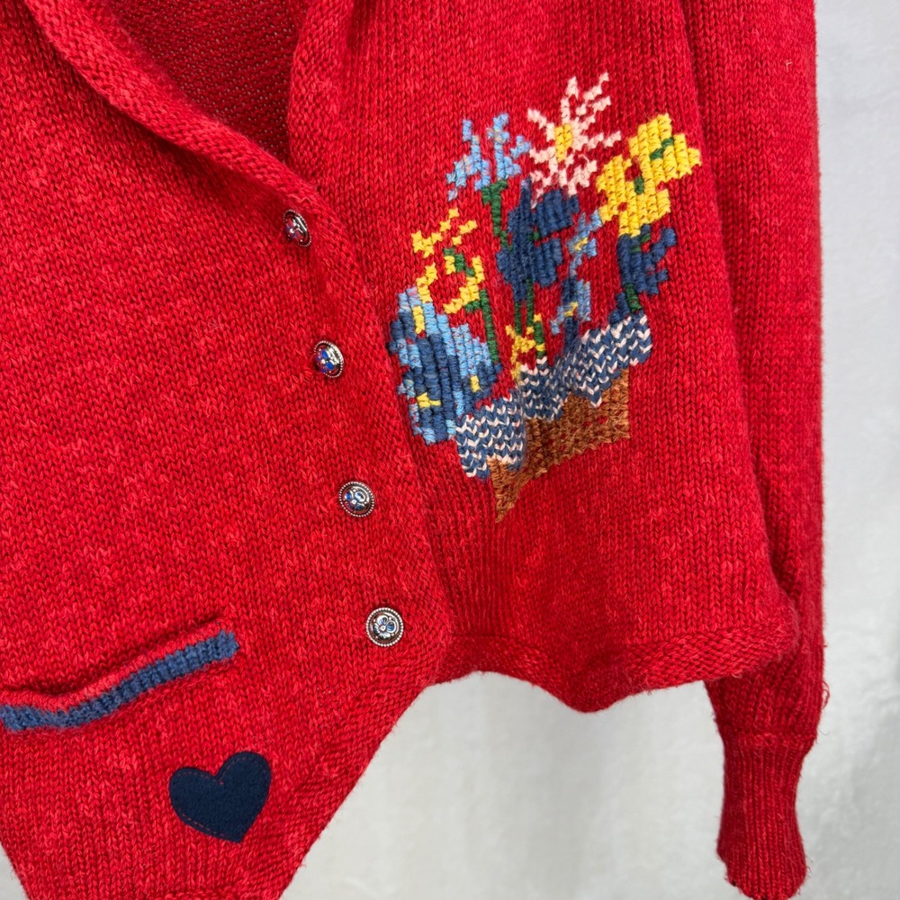 Vergissmeinnicht Cardigan Women M Red Vintage German Folk Floral Knit Sweater - Picture 6 of 8